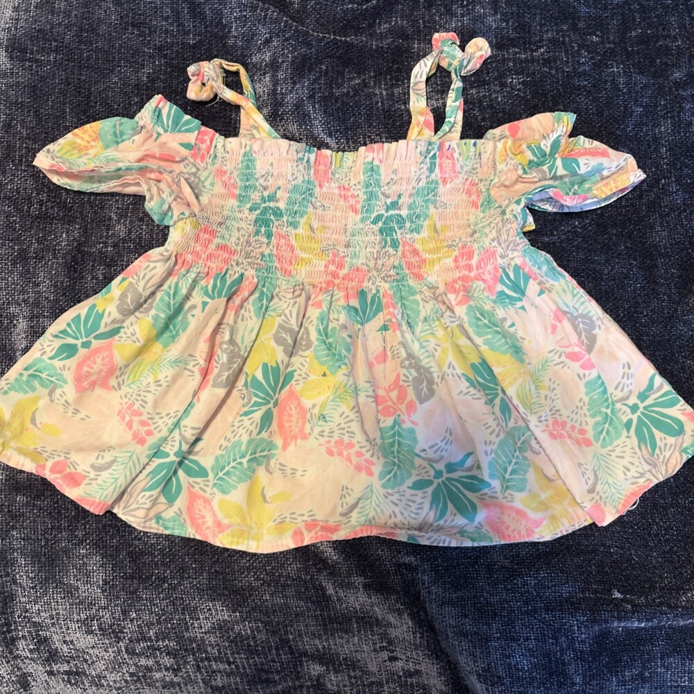 Tommy Bahama Girls Top Pink Green Floral Smock Bow Sz 5/6 On Off Shoulder Strap